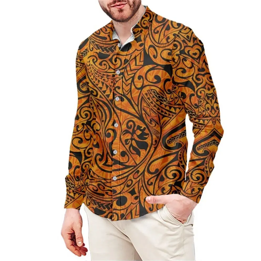 print on demand dress shirts Print On Demand Fall Men Long Sleeve Pocket Shirt Drop Ship Tapa Cloth  Print Green Samoan Shirts Polynesian Island Dress Shirt