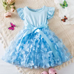 New Girls Princess Dress Solid Mesh O-Neck Collar Lace Mini Summer Casual Eco-friendly A-line Dresses for Children