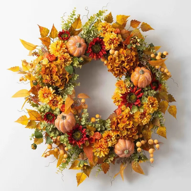 Front Door 21 Inch DIY Fall Harvest Hanging Decoration Grapevine Autumn Artificial Poppy Flower Wreath