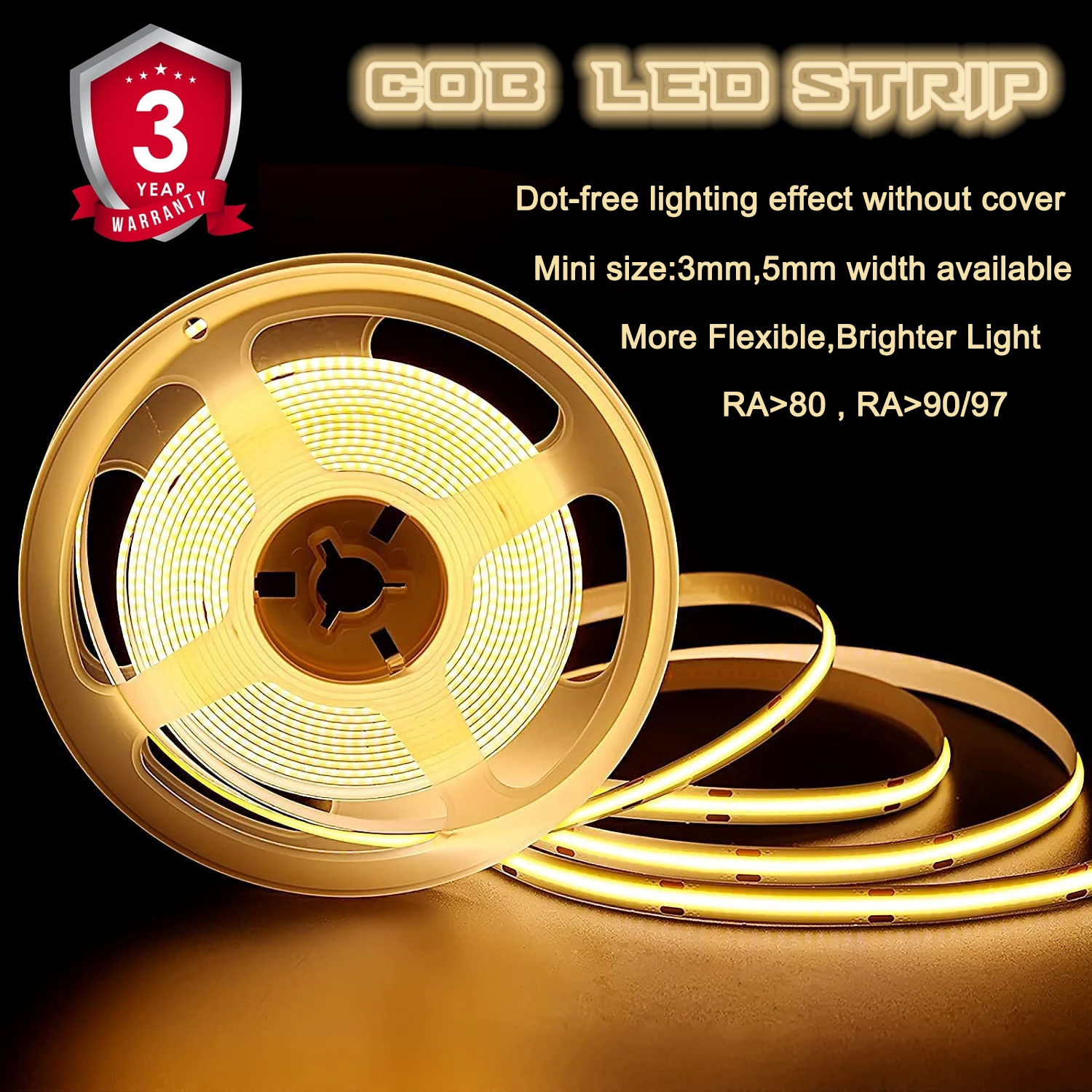 Гибкая светодиодная лента Cob 3 года гарантии 12 В белый 2700k/3000k/4000k/6000k Ra90 бесконтактная высокая плотность 24 cob