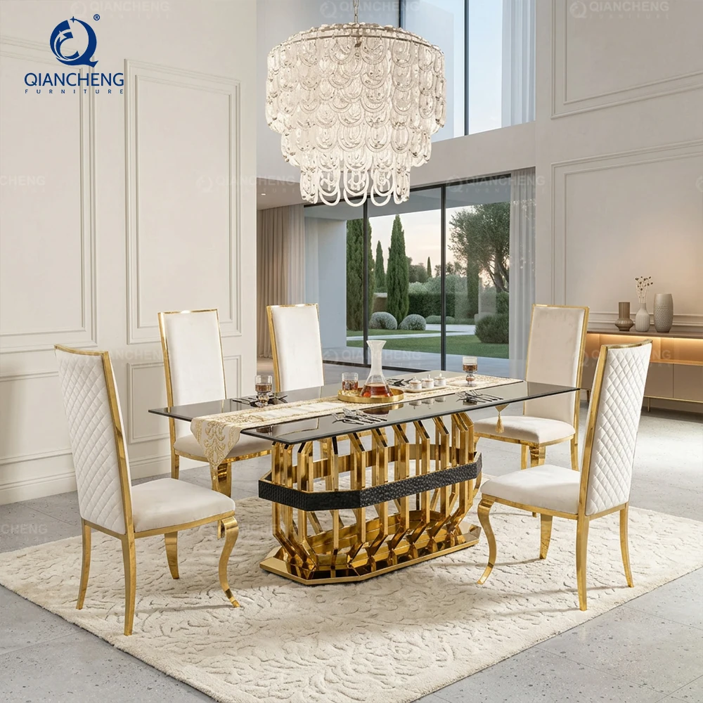 QIANCHENG Scaninavian Nordic Dining Chairs Stainless Steel Gold Legs Chinese Dinning Room Home Ss Furniture High Back Chair