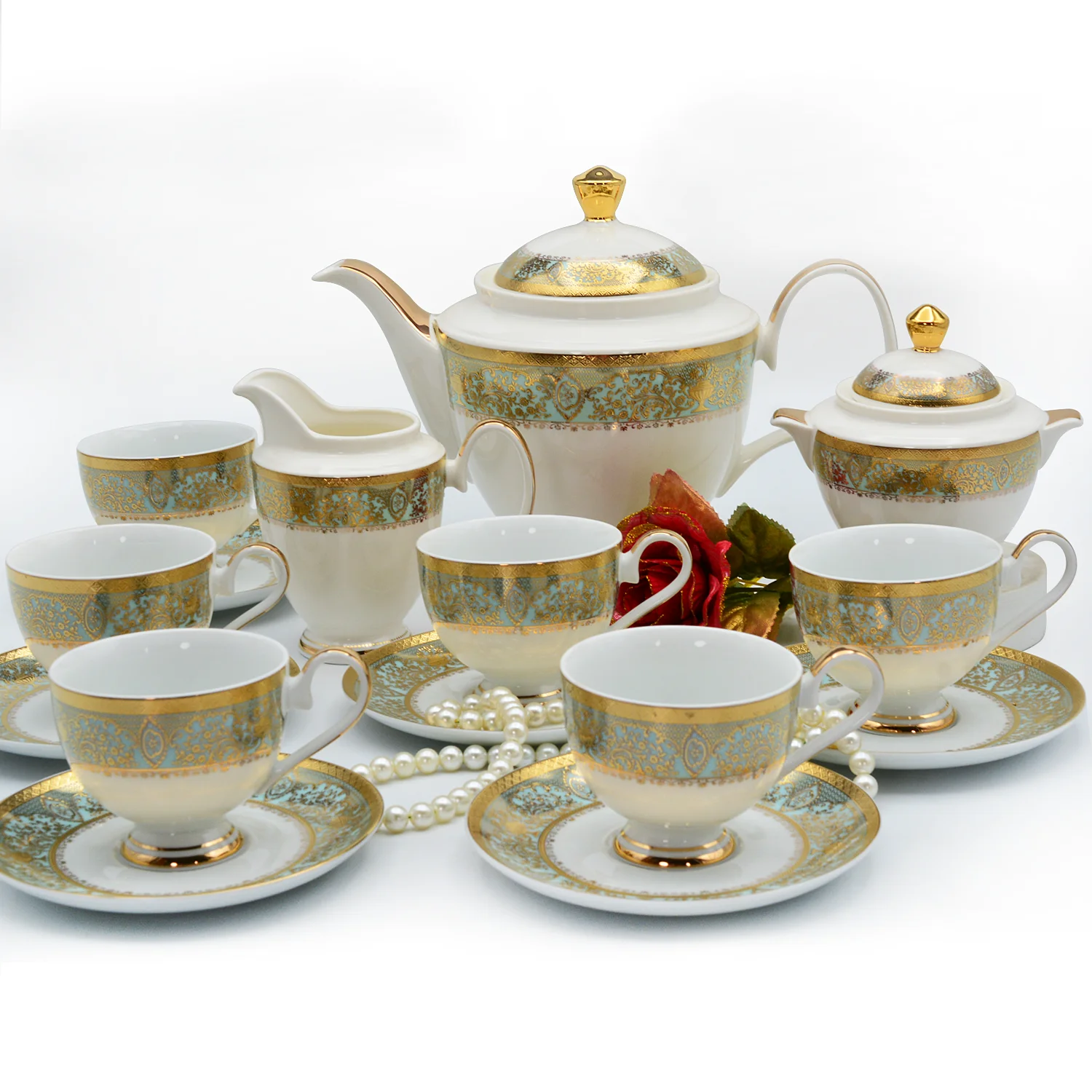 KAROSA High Quality 17pcs Embossed Gold Decorations Tea Set Luxury Style Bone China Tea Cup Set