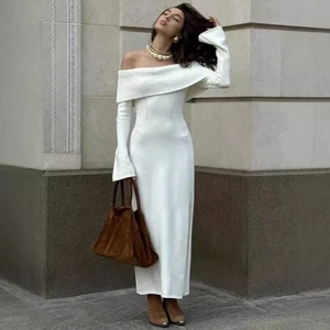 2024 New Sexy Hip Package Split Long Sweater Women Elegant Full Sleeve Off Knitt Dress Fashion Slim Off the Shoulder Maxi Dress