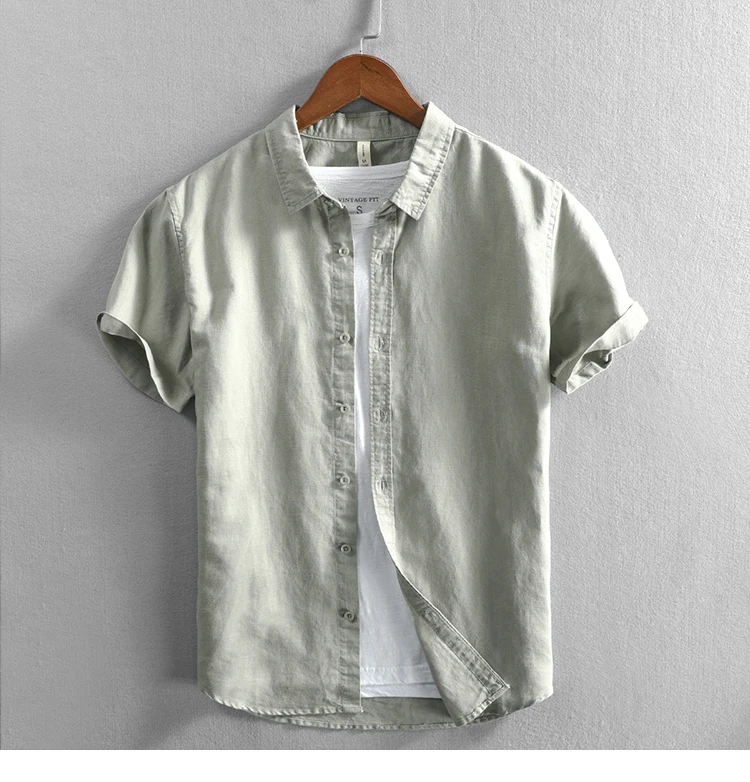 Men's casual cotton and linen short sleeve shirt for men in summer