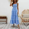 Abito a quadri con spalline sottili blu con collo quadrato