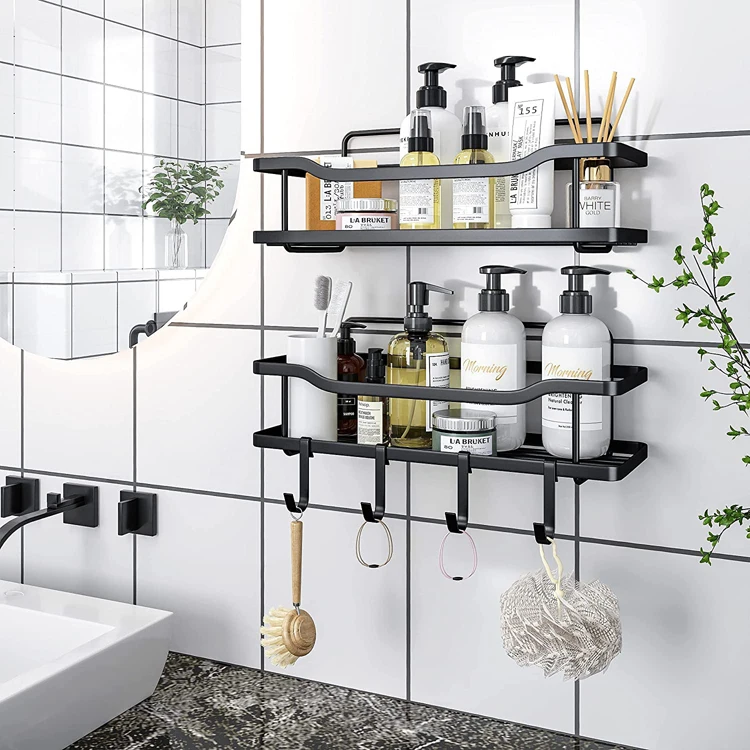 No Drilling Self Adhesive Caddy Organizer Rustproof Wall Mounted Space Aluminum Kitchen Storage Basket Rack 2 Tier Black DUFU Shower Caddy Bathroom Shelves with Hooks 