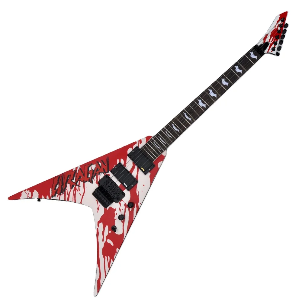 m*0様 国産フライングV エレキギター レッド Flyoung フライングV エレキギター 6弦 レッドステッカー柄 楽器