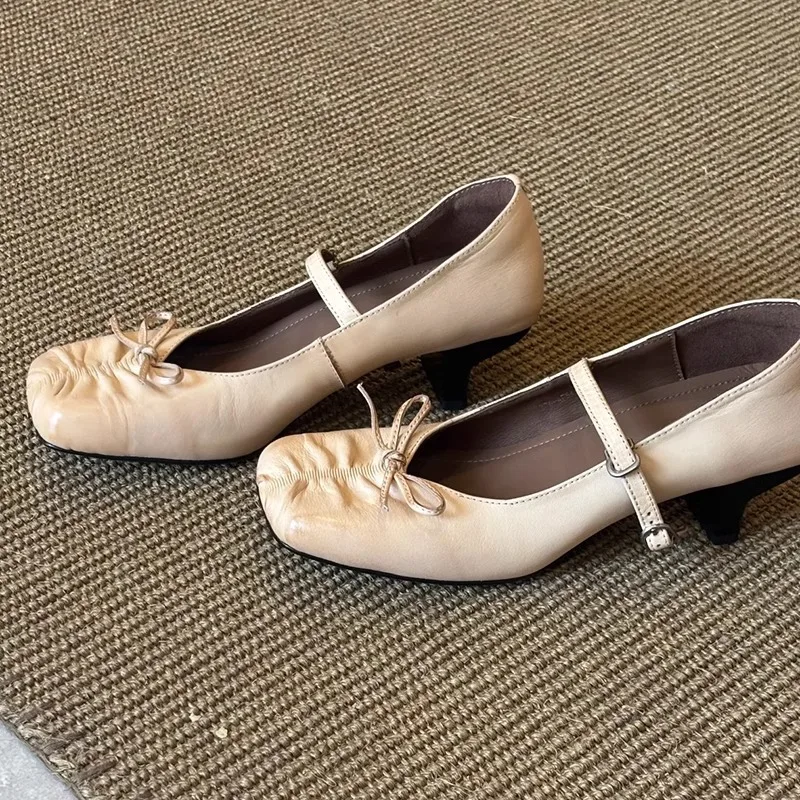 Square Toe Summer Vintage Mary Jane Shoes Women French Elegant Bowknot Thick Heel Pumps Ladies - Image 1