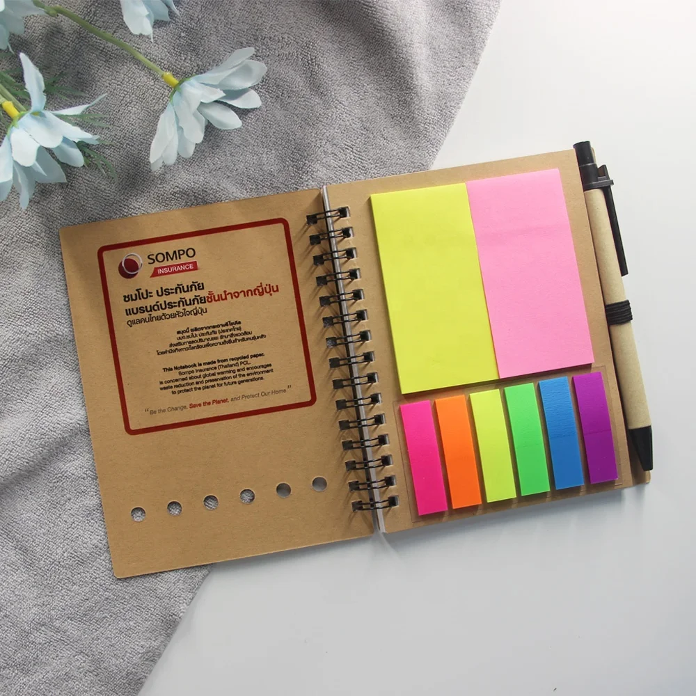 Оптовая продажа, высококачественный дневник на заказ, размер печати, клейкие заметки, Обложка из крафт-бумаги, спиральный школьный блокнот