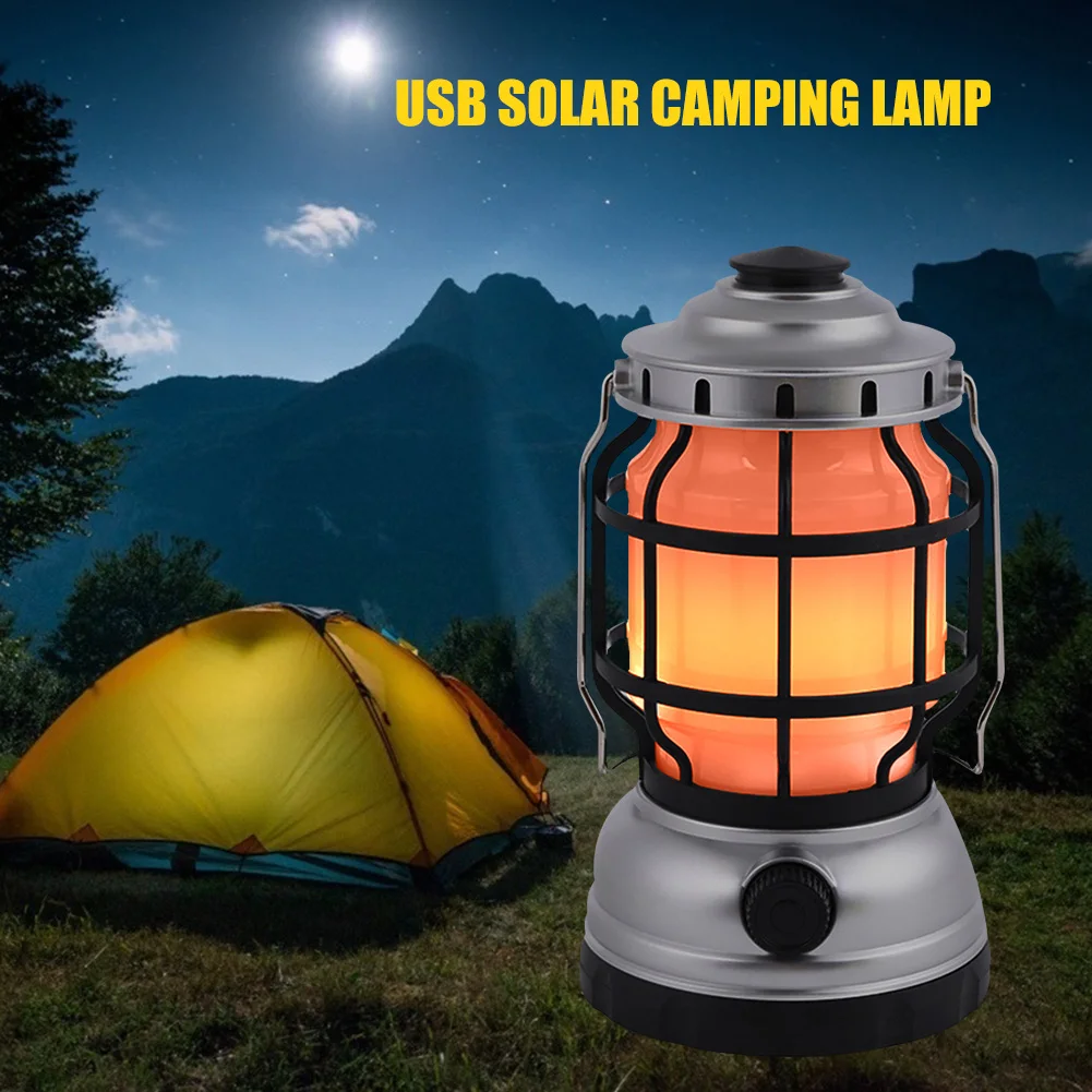 Mini Portable solar Rechargeable LED Flame Tent Hiking Light Outdoor Camping lamp Lantern for Emergency supplier