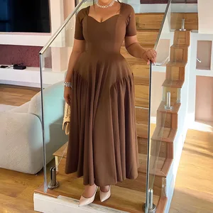 Summer Double Side Splicing Ruched Pleated Women V Neck Short Sleeve A-line Maxi Regular Fit Solid Spring Autumn Casual Dress