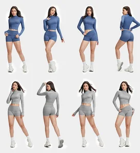 New Wholesale 2Pcs Long Sleeve Top Yoga Set Gym Sportswear Woman Fitness Clothing Active Wear Set