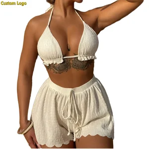 Wholesale Custom Logo Swimwear Women's 3 Piece Bikini Sets Frill Trim Halter Swimsuit Backless Textured Bathing Suit with Shorts