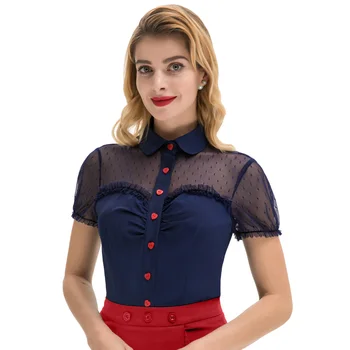 OEM Short Sleeve Lapel Collar Red Buttons Summer Fashion Patchwork Mesh Womens Vintage Tops Blouses