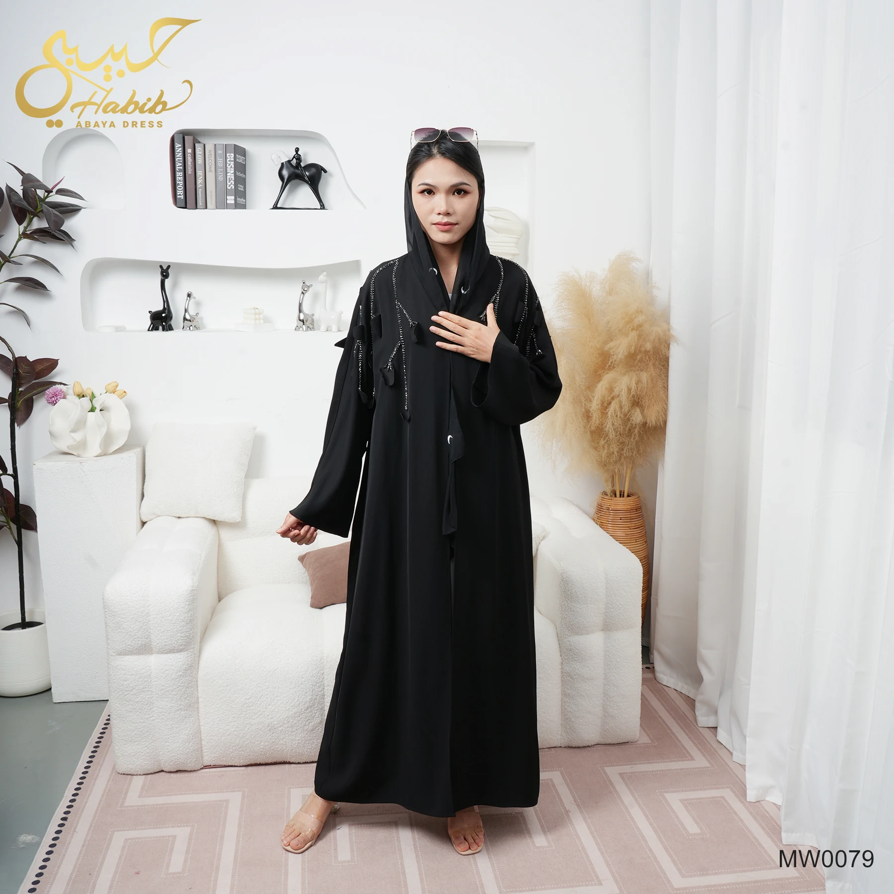 Habib New Design Hijab Black Open Abaya Set Factory Wholesale Beaded Sleeve  Open Abaya With Hijab