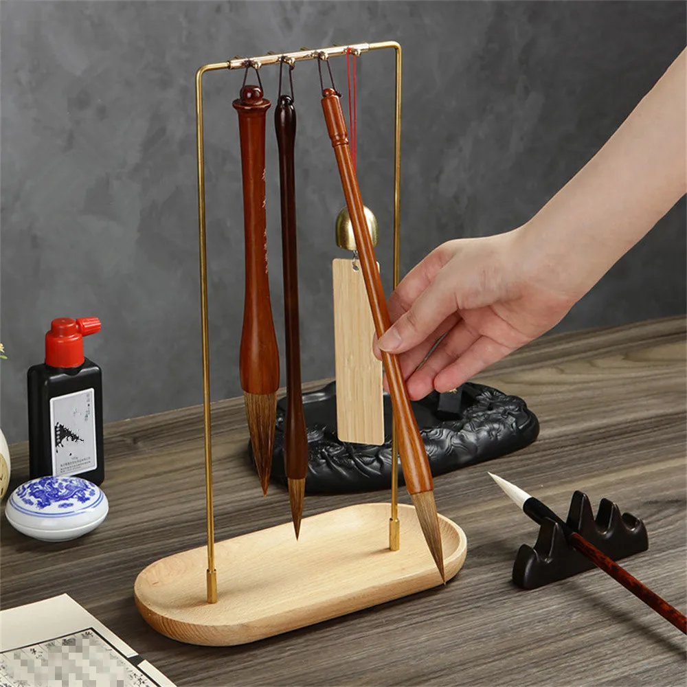 Китайский каллиграфический держатель для кистей с 8 иглами металлическое и деревянное основание латунная вешалка чернил Настольный Органайзер