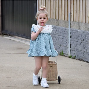 Casual Summer Dress Set Girls Aged Children Short-Sleeved Stripes Flower Embroidery O-Neck Collar Summer Dress