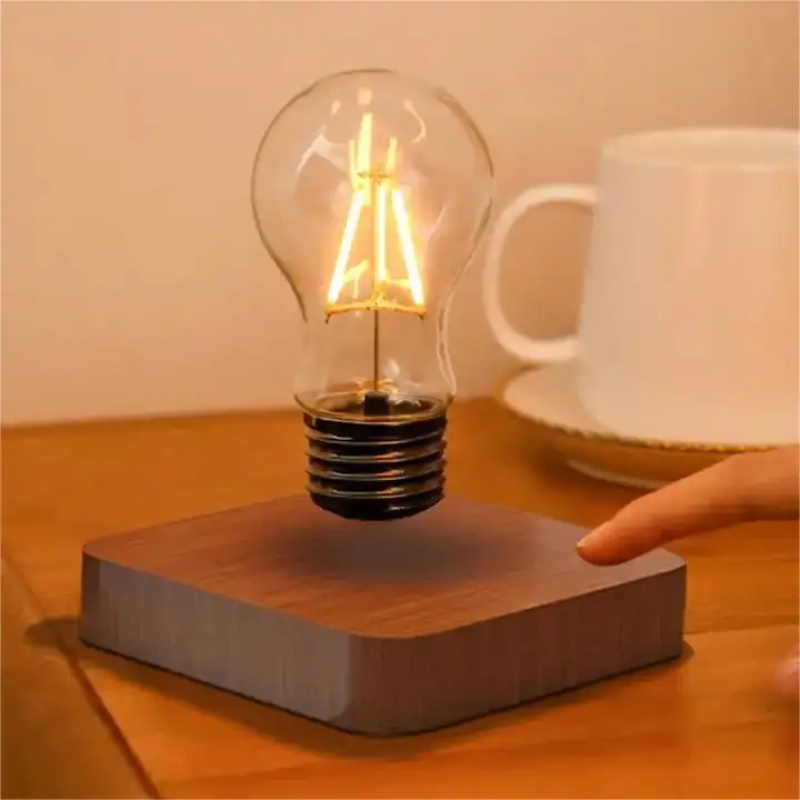 New Design Magnetic Levitation Bulb Rotatable Decoration Atmosphere Night Light Wood Base Bedroom Bedside Table Light
