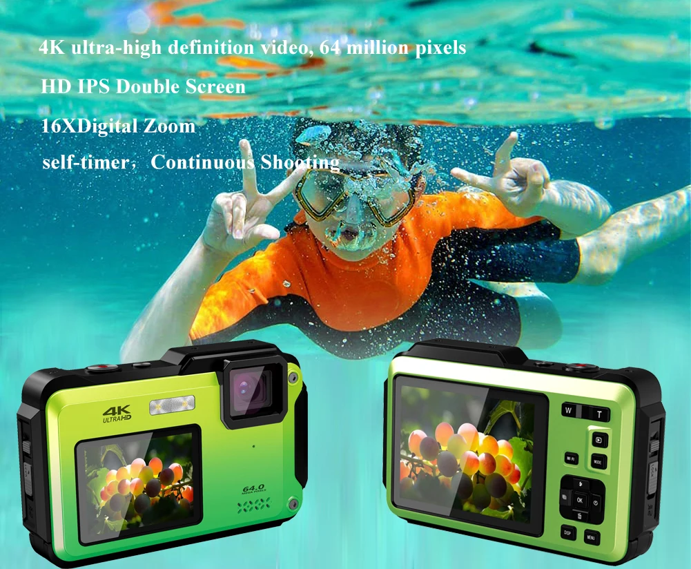Wifi Autofocuse Ipx8 Self Waterproof Dual Screen 64mp 16x Digital Zoom