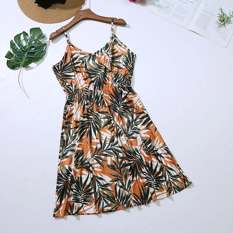 Summer Sleeveless Leaf Printing Elastic Waist Strap Parent-child Outfit ...