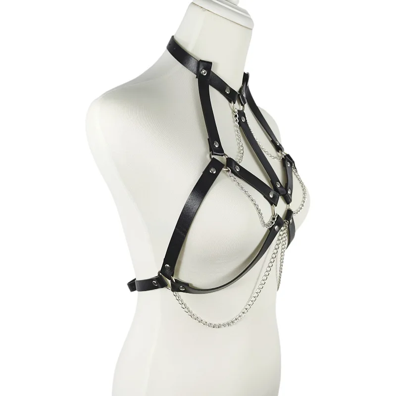Großhandel Goth Bdsm Frauen Leder mehrschichtige Quaste Harness Körperkette dicke Kette BH Brust Halskette Sexy Dessous_voghion.com