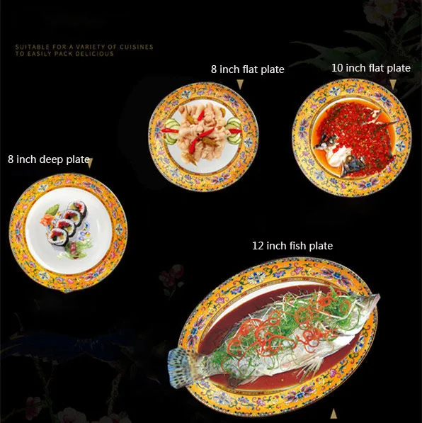 Chinese Style 80pcs Cookware Gold Enamel Series Tableware Set Bone China Bowls and Plates Porcelain Dinner Set