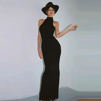 Fashionable Prom Polyester Long Black Dress With Semi-High Neck Sleeveless and Slim-Fit Waist Breathable Anti-Static Solid Color