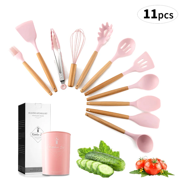 BEST SELLER 11 PCS Kitchen Utensils Set with Storage Bucket Wood