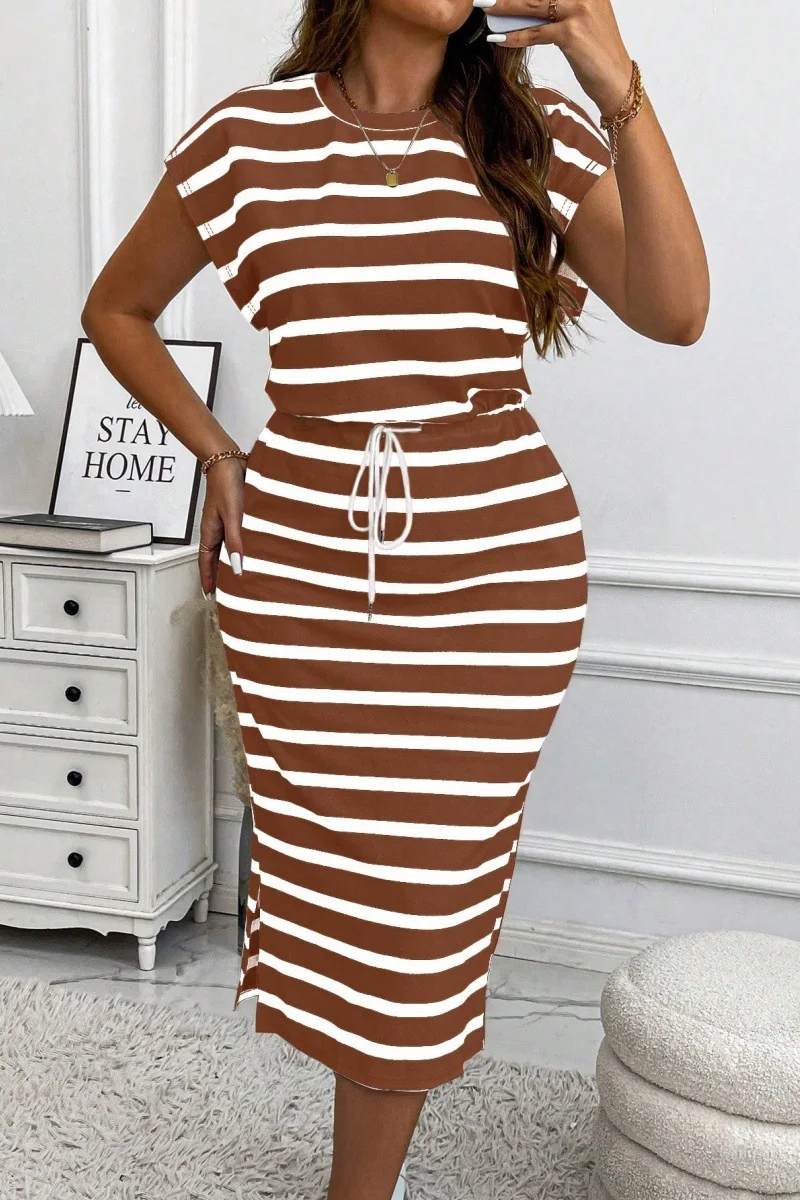 2025 European and American Summer Round Neck Stripe Printed Short Sleeved Large Size Dress