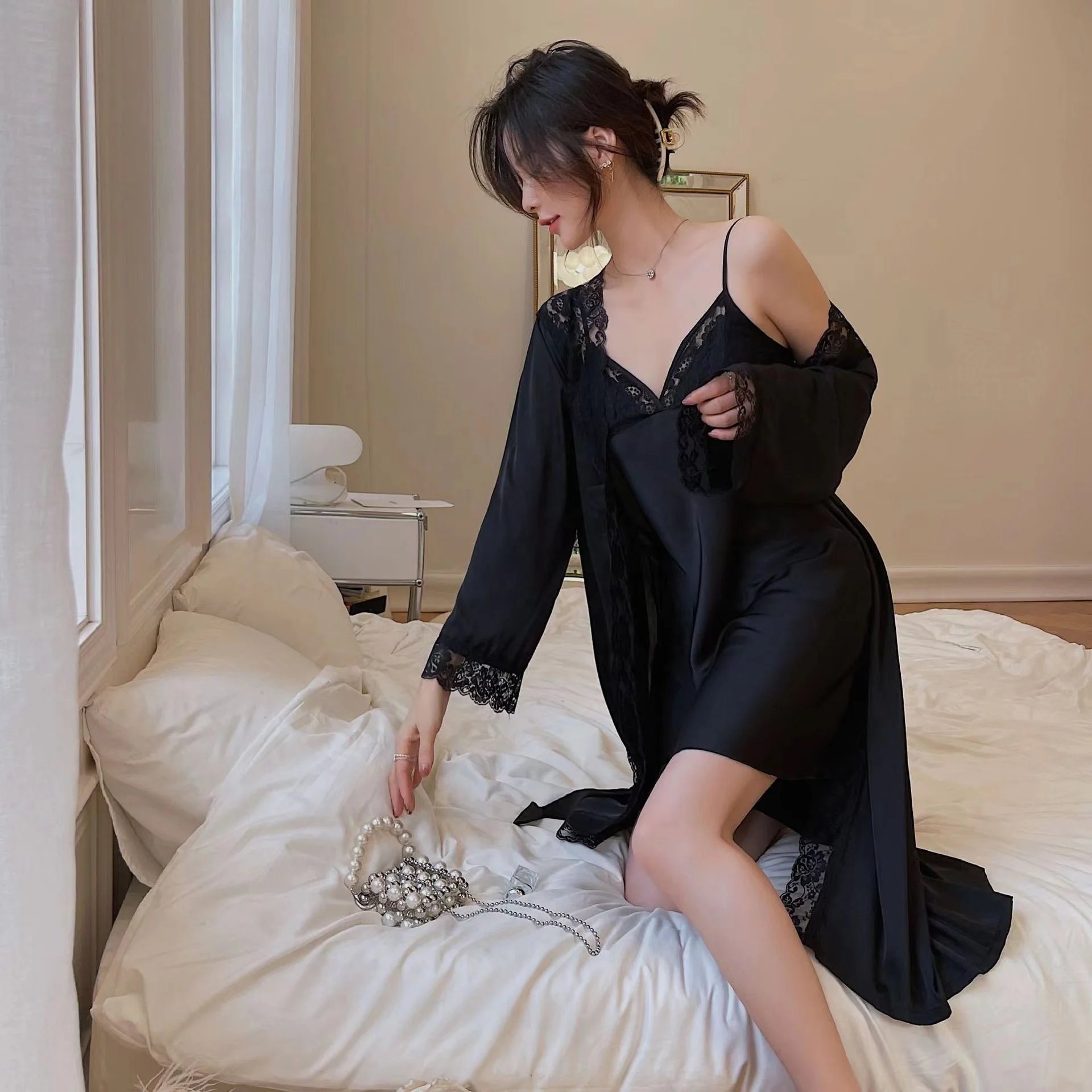 Spring Summer Two Pieces Elegant Ice Silk Sleepwear Robe Set Sexy Lace Nighty 2 Pieces Pajamas for Women