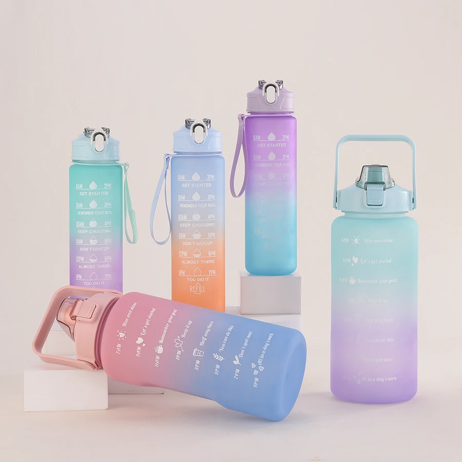 Gradient Color Large Capacity Sport Water Bottle Gym Plastic Water Bottle With Straw