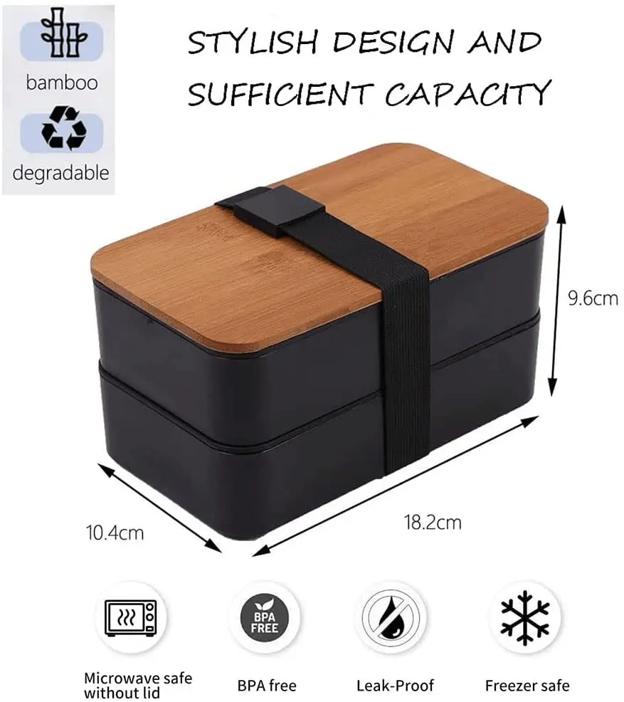 Japanese Style Container Food Storage Two Layer Bento Lunch Box with Bamboo Lid