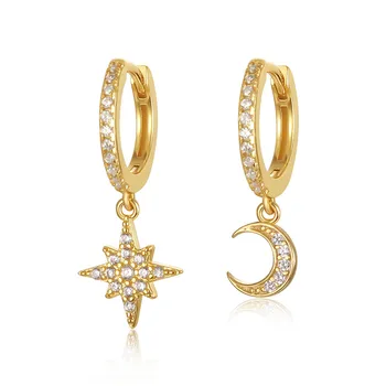 2022 New Jewelry 925 Sterling Silver Fashion Earring Cute Minimalist Moon and Star Shape CZ Gold Plated Hoop Earring for Women