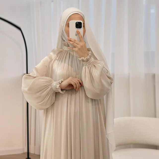 2024 Wholesale Dubai Abaya Luxury Satin Modest Muslim Dress Women Eid Elegant Custom Modest Sequins Shining Sparkly Abaya