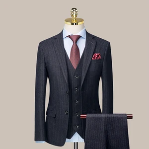 2026 New Men's 3 Pieces Dark Grey Striped Slim Business Notch Lapel High Quality Casual Single Breasted Double Vents Suit Set