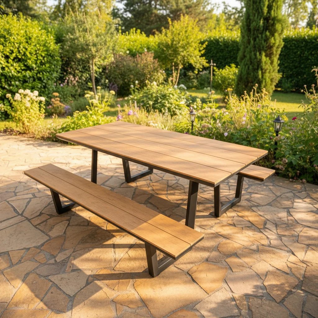 product extra long 2 piece patio dining set faux wood top dining table with matching bench black metal frame for outdoor patio-5