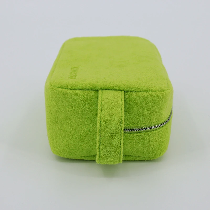 Custom Logo Zipper Soft Terry Cloth Fabric Women Cosmetic Makeup Make up Toiletry Pouch Bag with Handle