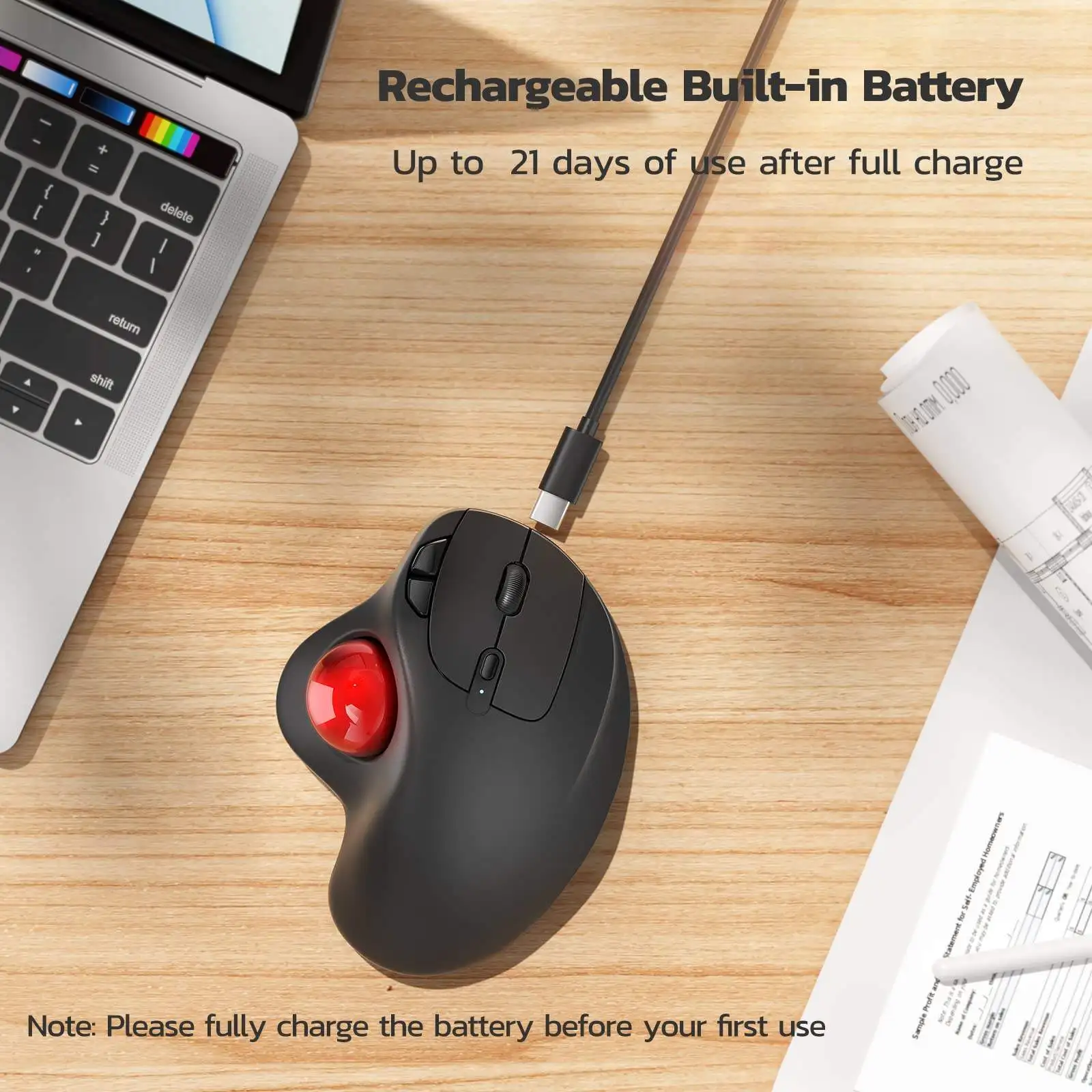 Souris trackball mini sans fil pour droitier, rechargeable, ergonomique, facile à contrôler avec le pouce, suivi optique précis et fluide, lecteur d'empreintes digitales