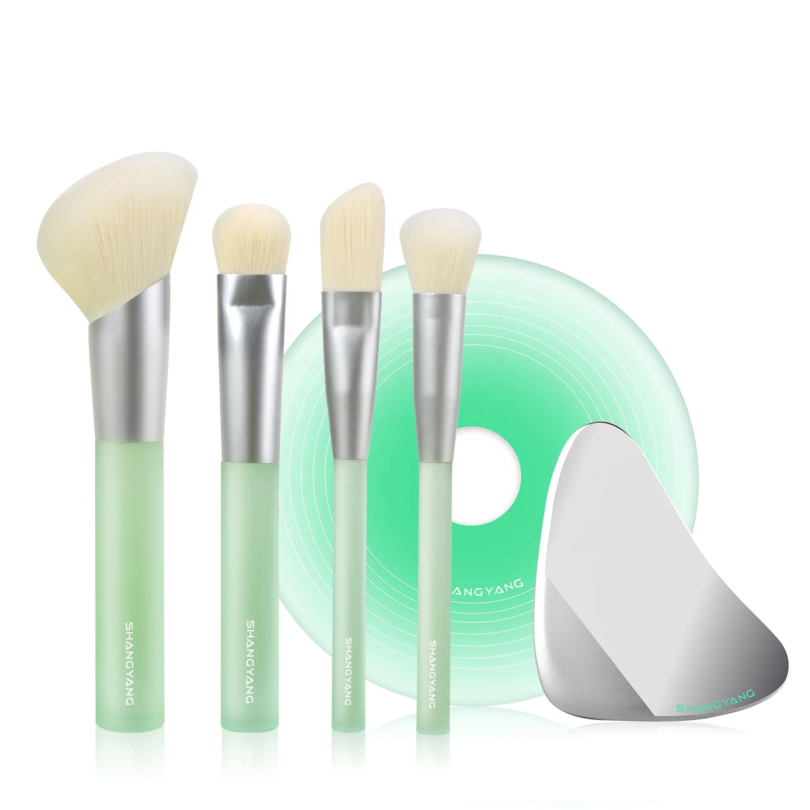 Wholesale Luxury Premium Matt Light Green Plastic Handle Cruelty Free Makeup Brush Set With Natural Hair