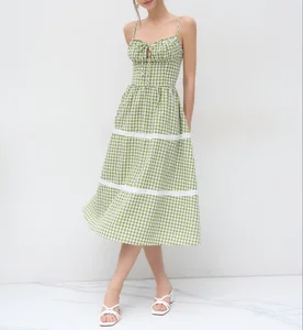Green  Midi Slip Dress for Ladies Spaghetti Strap Front Lace Casual Style Breathable Woven  Summer Collarless