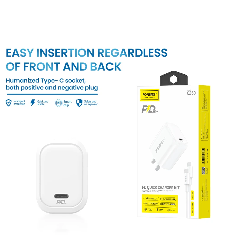 Foneng C260 PD Mobile Phone Charger, 25W Super Fast Charger, Smooth Charging After Fast Charging, 2022 Top Sales, 1 Set
