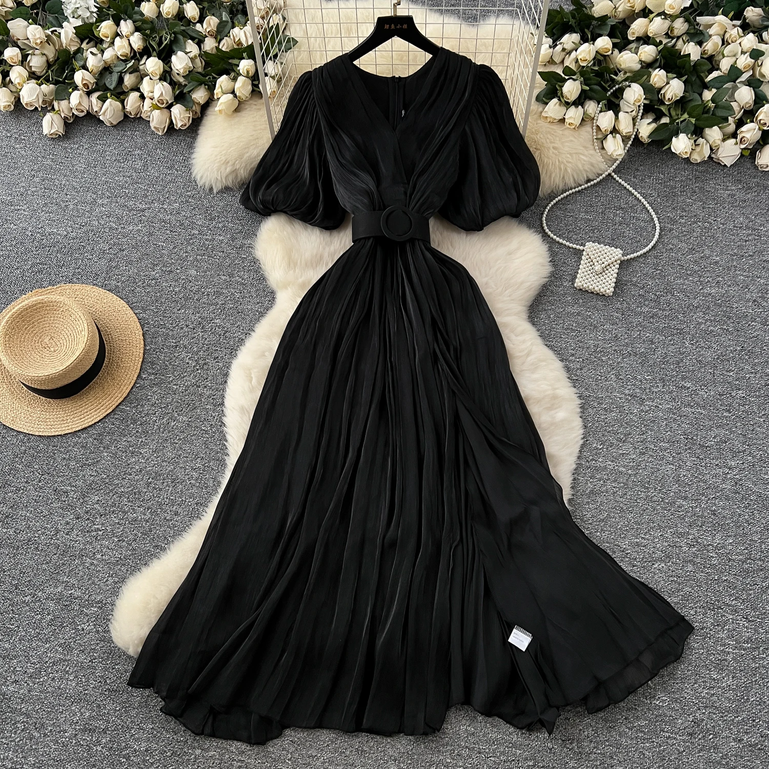 Elegant Women'S Dresses Summer Puff Sleeve V-Neck Side Slit Belted Flowy  Long Dress Dresses for Women