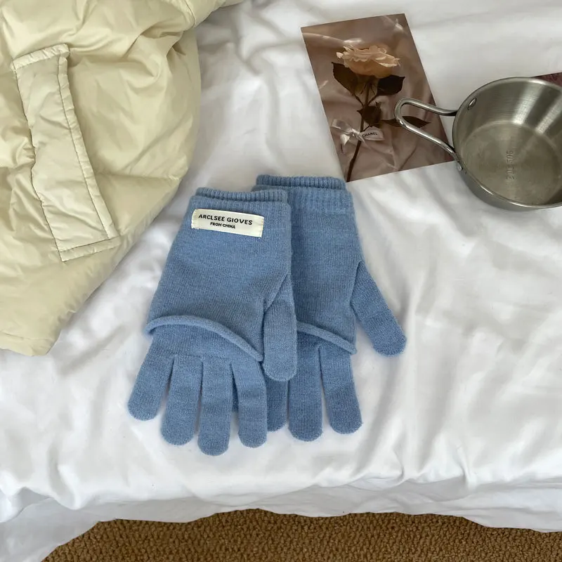 Осенние и зимние однотонные перчатки с пятью пальцами Теплые трикотажные