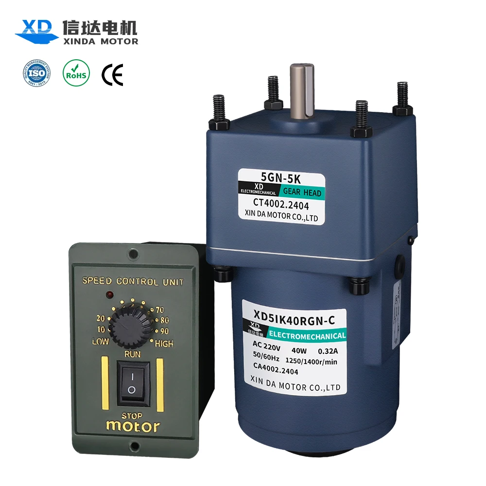 40W Low Noise Induction Gear Motor with Speed Regulator - Single