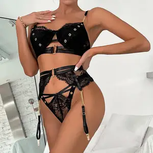 Wholesale New Three-Piece Black Lace Sexy Underwear for Women ODM Supply Chain with Garter