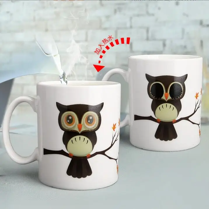 Custom Print Sublimation Blank Magic Heat Changing Coffee Mug Owl Pattern Ceramic Heat Sensitive Color Changing Cup