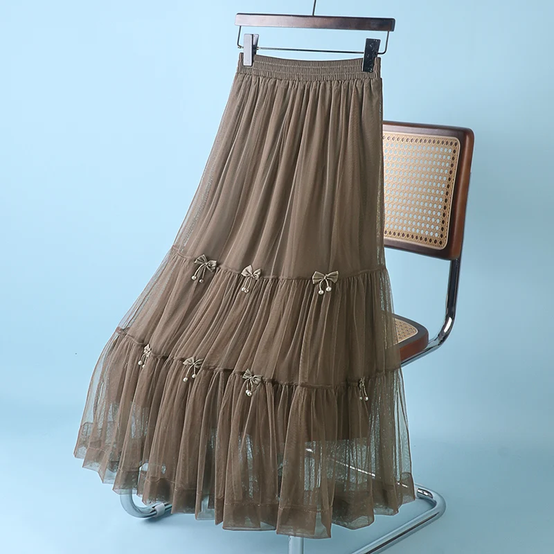 Double Layer Mesh Bow High Waisted Midi Skirts for Women Pure Color Green Summer Pleated French Sweet Skirt