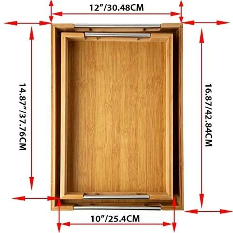 Bamboo Handmade Wood rectangular Serving Tray with metal handle