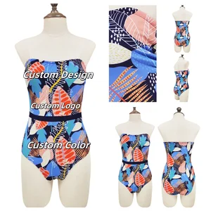 Custom Colorful One Piece Tankini Body Shaping Women's Bandeau Strapless Swimming Suit Shelf Bra with Soft Cups for Women