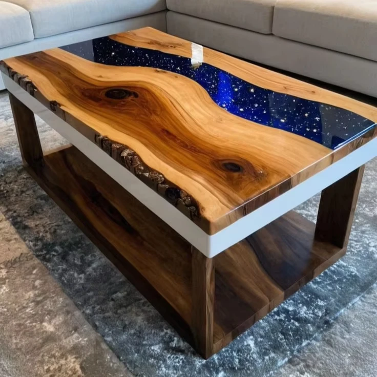 Luxury Modern Custom Galaxy River Starry Night Design Epoxy Resin Wood Table